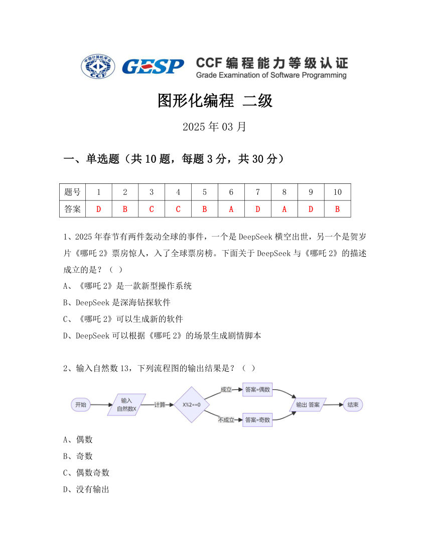 GESP 2025年3月 Scratch图形化编程二级真题 第1页
