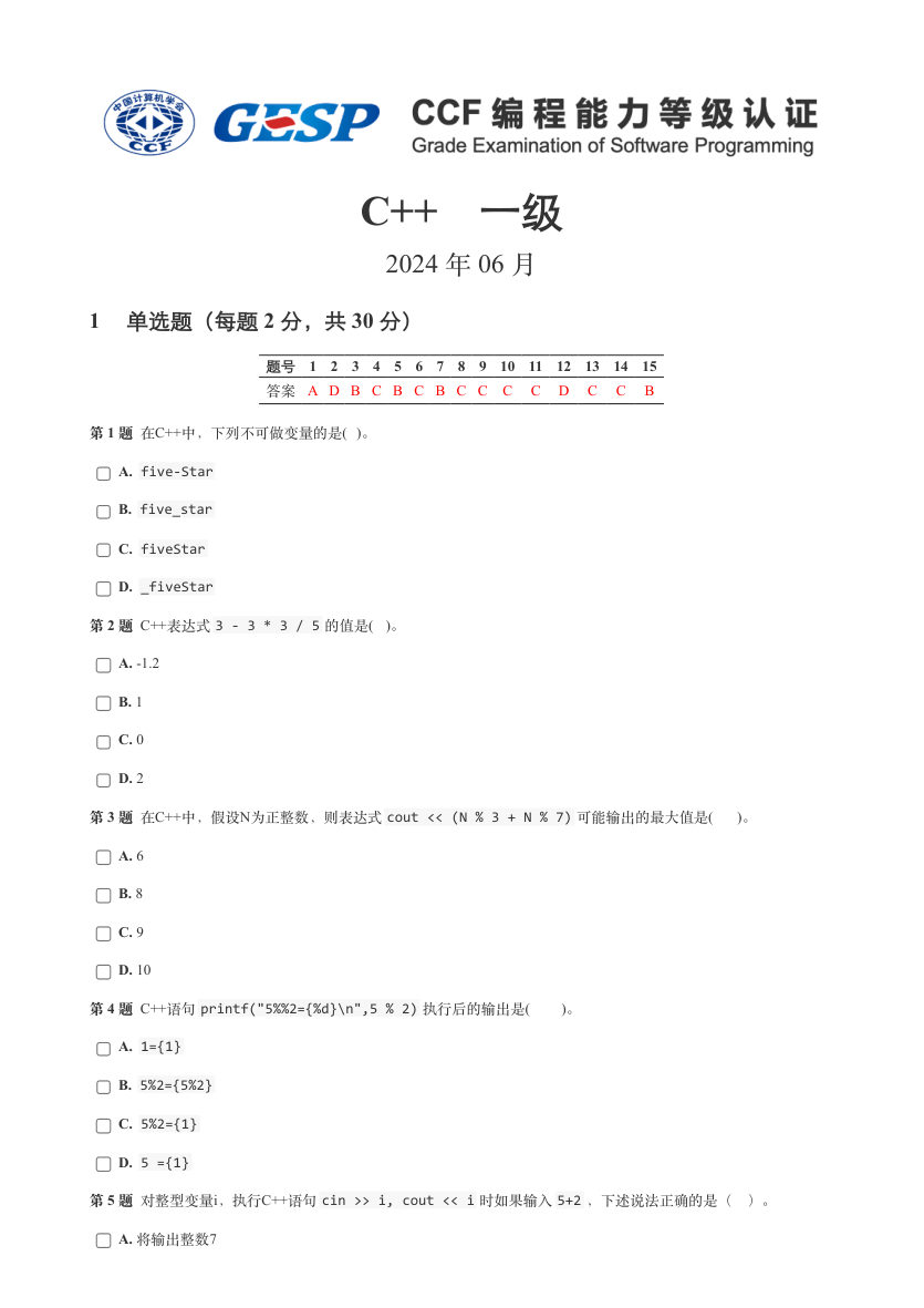 2024年6月GESP认证C++编程一级真题及答案解析 第1页